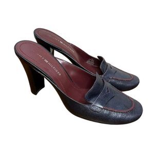 Tommy Hilfiger Navy Leather Loafer Mules Block Heel Preppy Slip On Womens 7.5